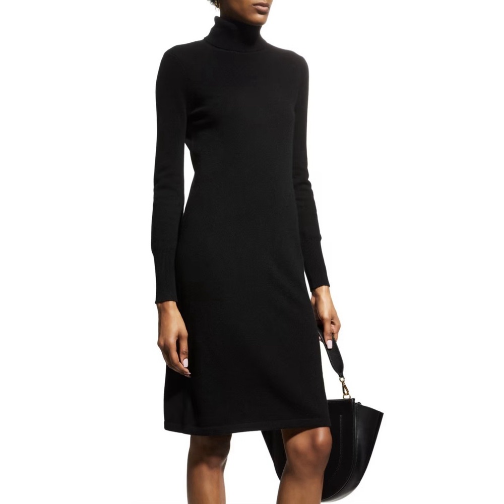 NWT Neiman Marcus 100% Cashmere Dress L Black Turtleneck Quiet Luxury Minimalist
